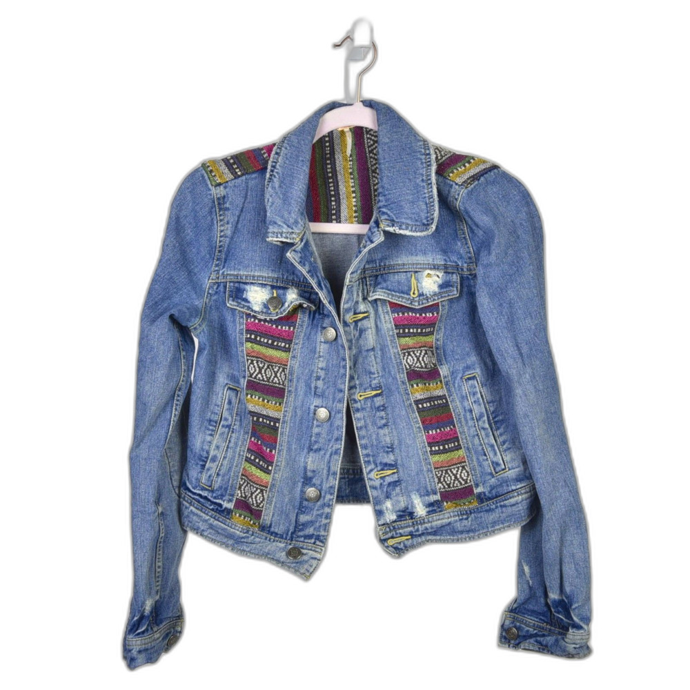 Free People Aztec Baja Print Multicolor Distressed Jean Denim Jacket 4 / S